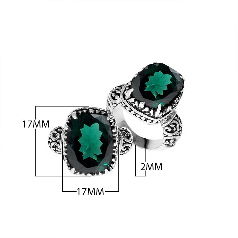Sterling silver handcrafted Bali ring with cushion-cut Green Quartz and scrollwork design.