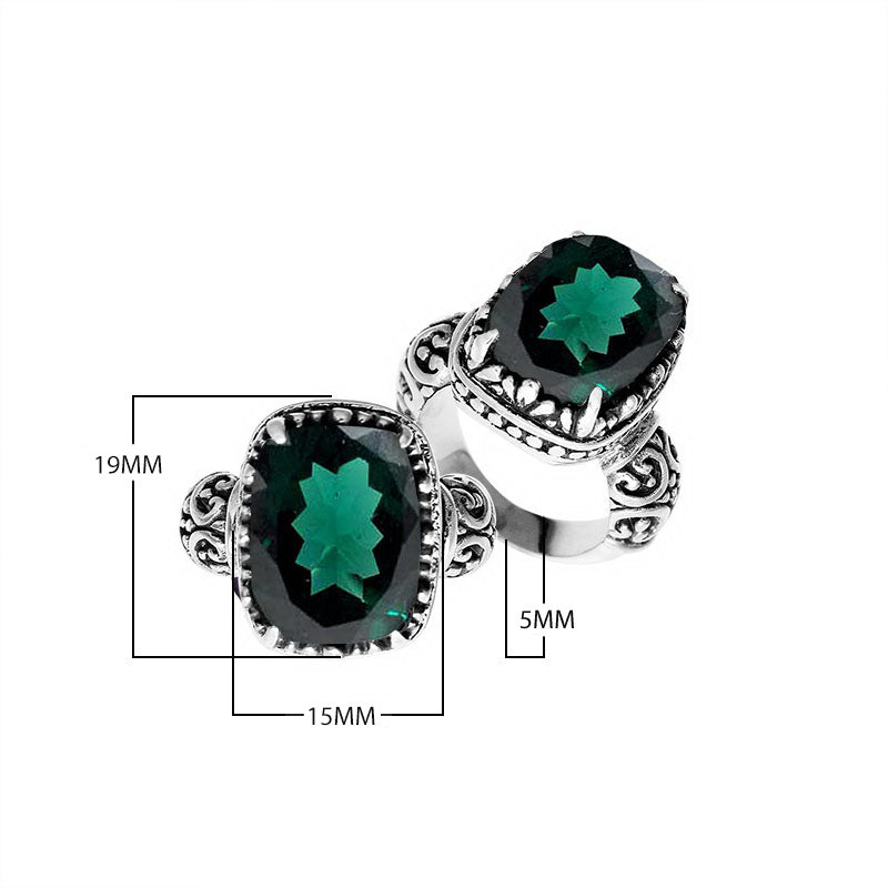 Sterling silver handcrafted Bali ring with cushion-cut Green Quartz and scrollwork design.