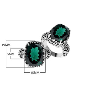 Sterling silver handcrafted Bali ring with cushion-cut Green Quartz and scrollwork design.
