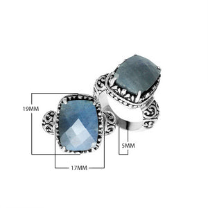 Sterling silver Labradorite cushion-cut ring with Balinese scrollwork handcrafted in Bali.