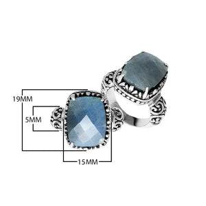 Sterling silver Labradorite cushion-cut ring with Balinese scrollwork handcrafted in Bali.