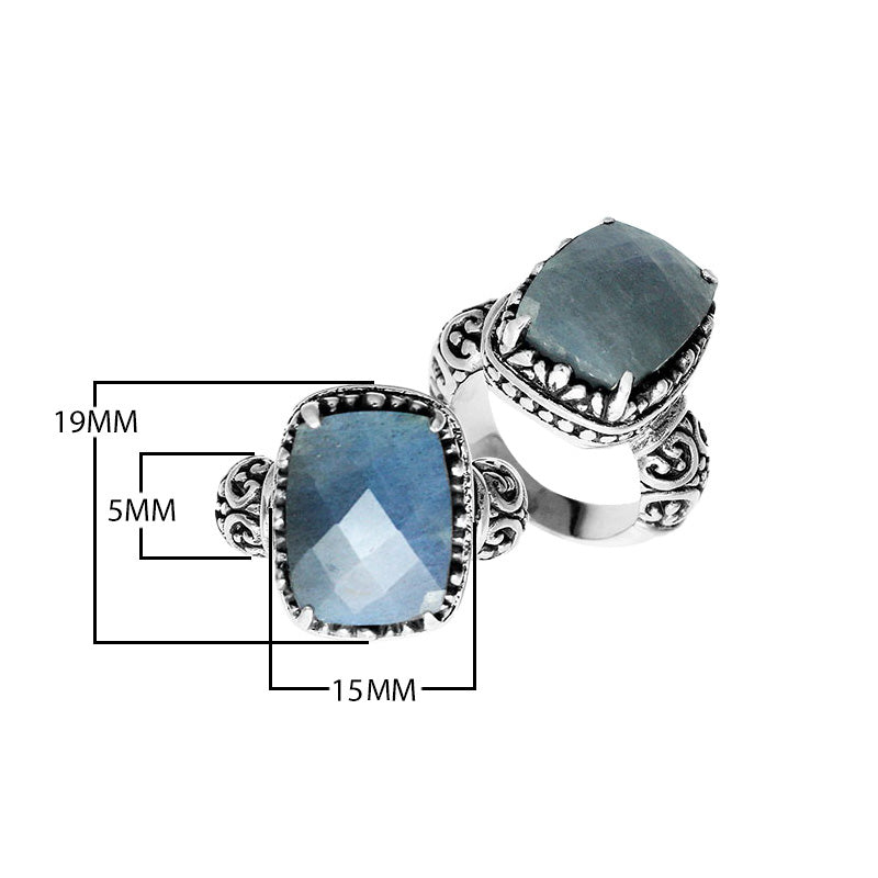 Sterling silver Labradorite cushion-cut ring with Balinese scrollwork handcrafted in Bali.