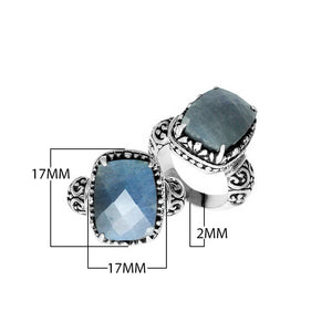Sterling silver Labradorite cushion-cut ring with Balinese scrollwork handcrafted in Bali.