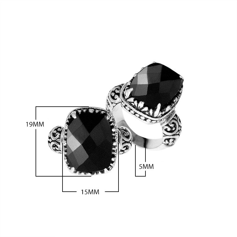 Sterling silver cushion-cut Black Onyx ring with Balinese scrollwork handcrafted in Bali.