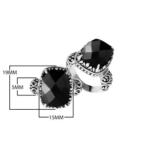 Sterling silver cushion-cut Black Onyx ring with Balinese scrollwork, handcrafted in Bali.