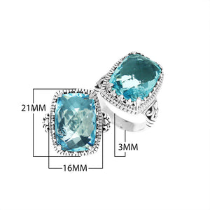 Wholesale sterling silver ring with cushion-cut Blue Topaz Quartz and Balinese detailing, handcrafted in Bali.