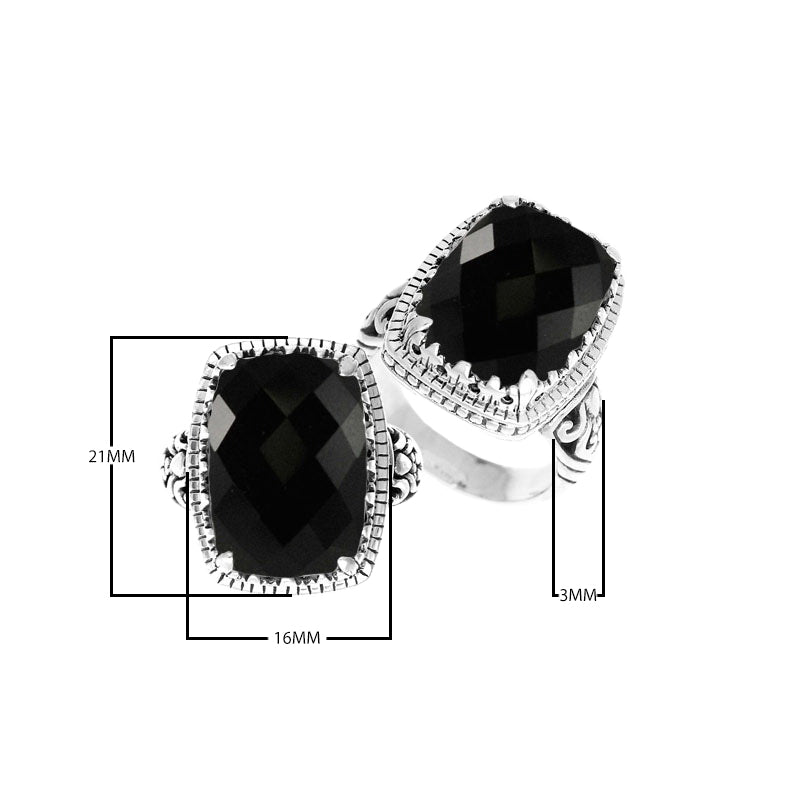 Wholesale sterling silver ring with cushion-cut Black Onyx Quartz and Balinese carvings, handcrafted in Bali.