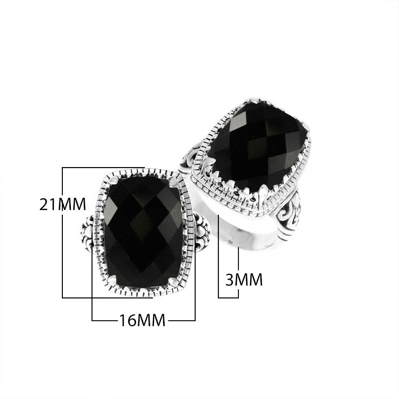 Wholesale sterling silver ring with cushion-cut Black Onyx Quartz and Balinese carvings, handcrafted in Bali.