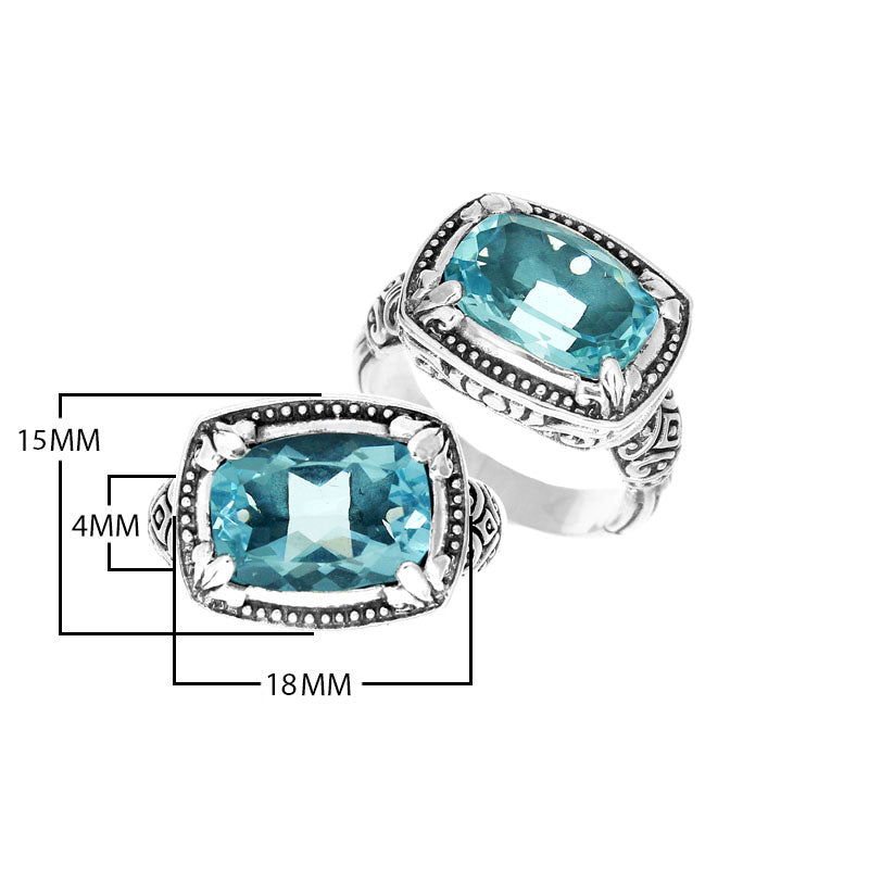 Wholesale sterling silver ring with cushion-cut Blue Topaz Quartz and Balinese detailing, handcrafted in Bali.