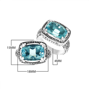 Wholesale sterling silver ring with cushion-cut Blue Topaz Quartz and Balinese detailing, handcrafted in Bali.