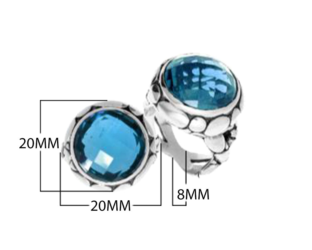 Wholesale sterling silver ring with round-cut Blue Topaz Quartz in a bold Balinese bezel design.