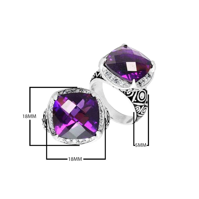 Wholesale sterling silver ring with cushion-cut Amethyst Quartz and Balinese carvings, handcrafted in Bali.