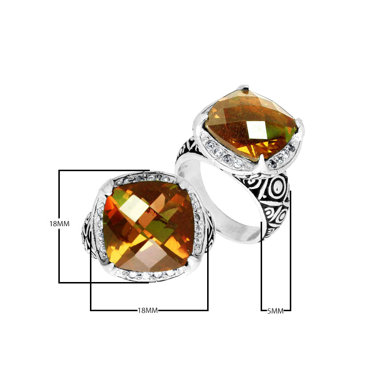 Wholesale sterling silver ring with cushion-cut Citrine Quartz and Balinese carvings, handcrafted in Bali.