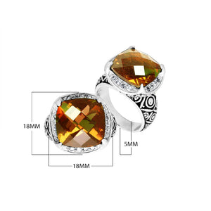 Wholesale sterling silver ring with cushion-cut Citrine Quartz and Balinese carvings, handcrafted in Bali.