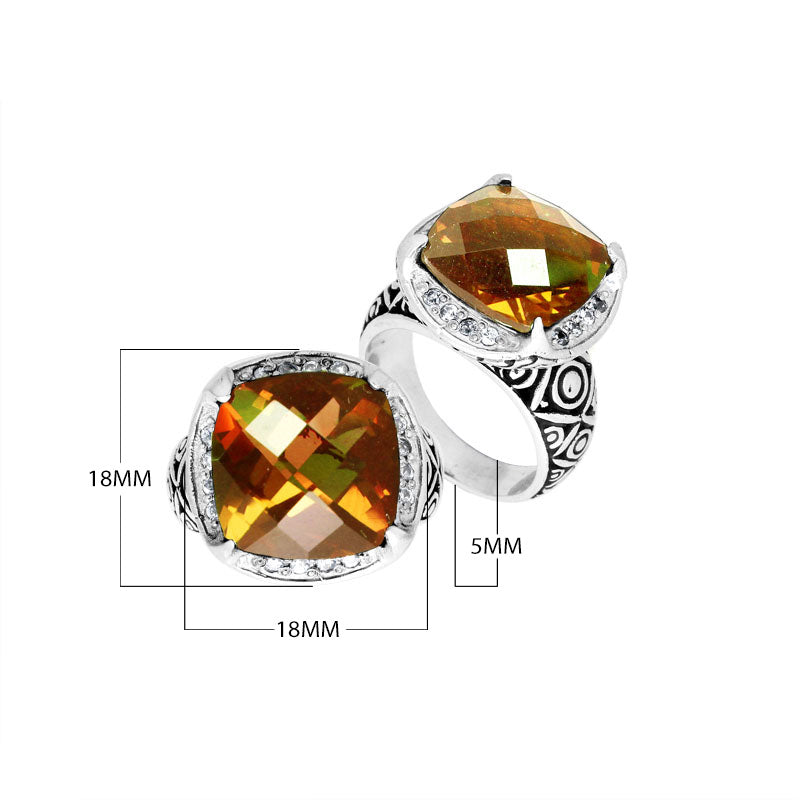 Wholesale sterling silver ring with cushion-cut Citrine Quartz and Balinese carvings, handcrafted in Bali.