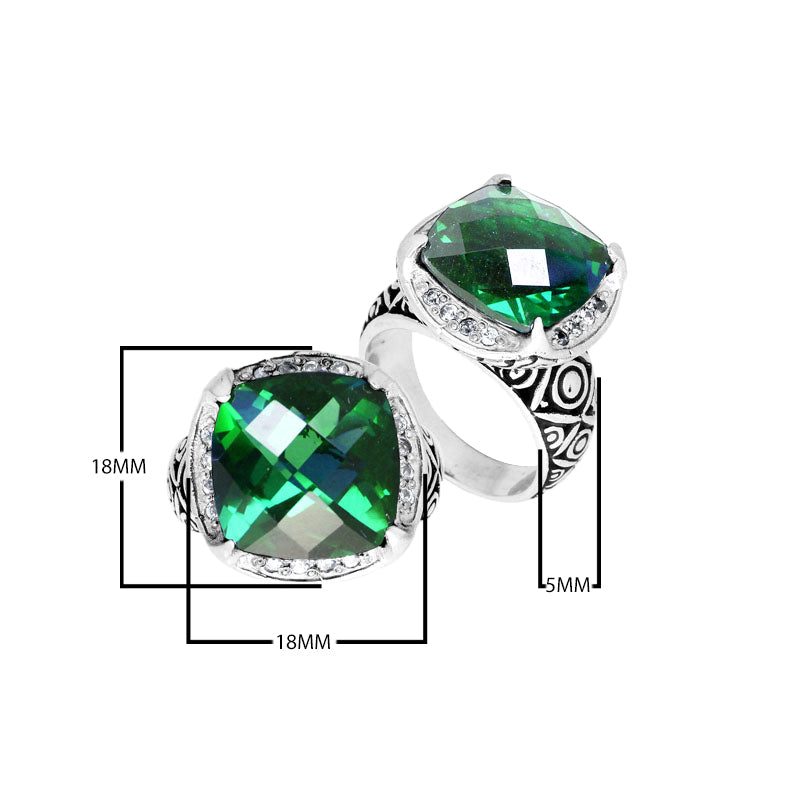 Wholesale sterling silver ring with cushion-cut Green Quartz and Balinese carvings, handcrafted in Bali.