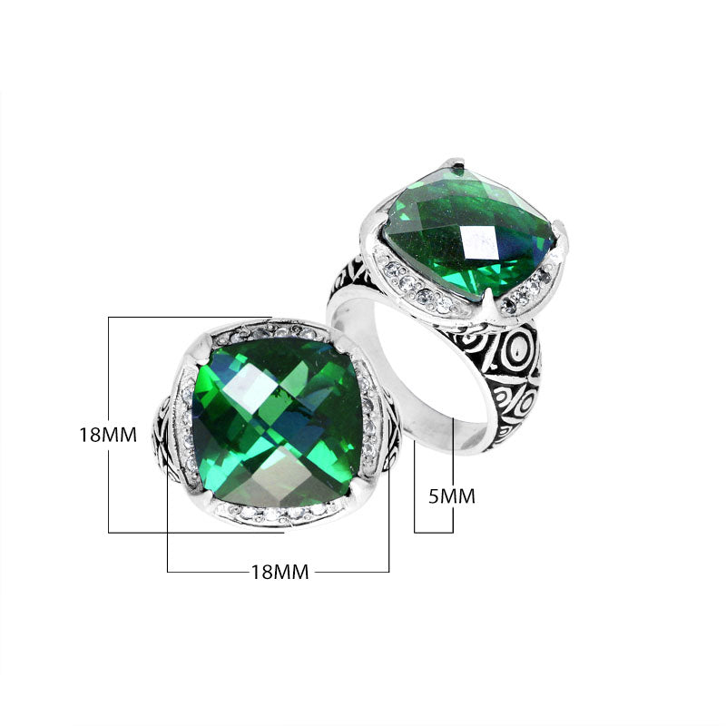 Wholesale sterling silver ring with cushion-cut Green Quartz and Balinese carvings, handcrafted in Bali.