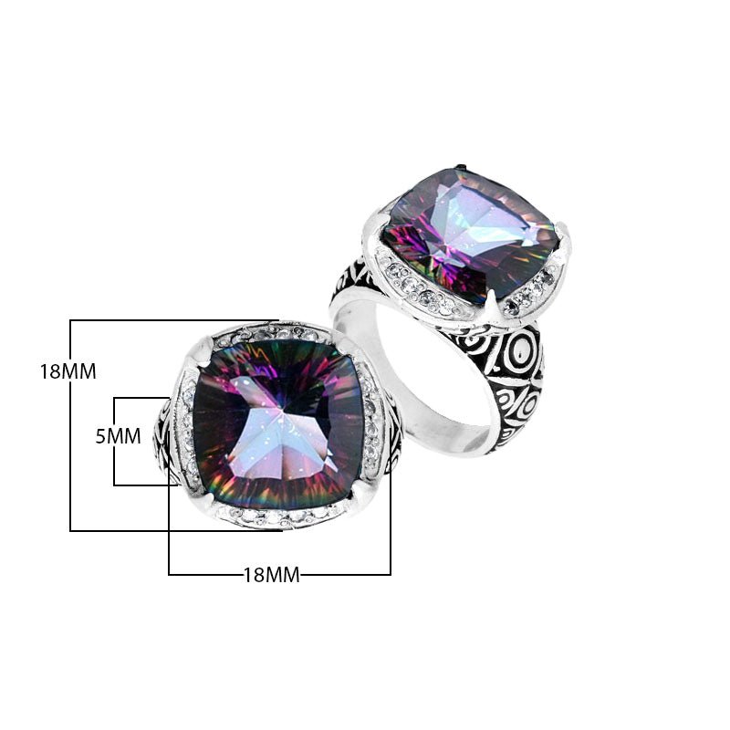 Wholesale sterling silver ring with cushion-cut Mystic Quartz in Multicolor tones and Balinese carvings.