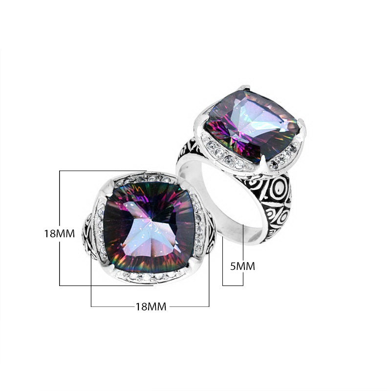 Wholesale sterling silver ring with cushion-cut Mystic Quartz in Multicolor tones and Balinese carvings.