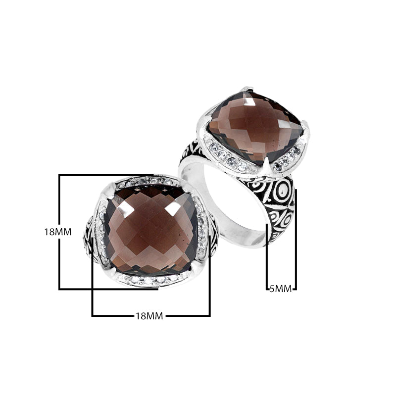Wholesale sterling silver ring with cushion-cut Smoky Topaz Quartz and Balinese carvings, handcrafted in Bali.