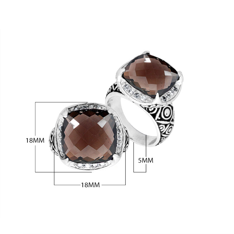 Wholesale sterling silver ring with cushion-cut Smoky Topaz Quartz and Balinese carvings, handcrafted in Bali.