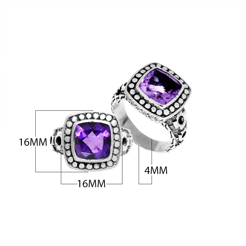 Wholesale sterling silver ring with cushion-cut Amethyst Quartz in a dotted bezel design.