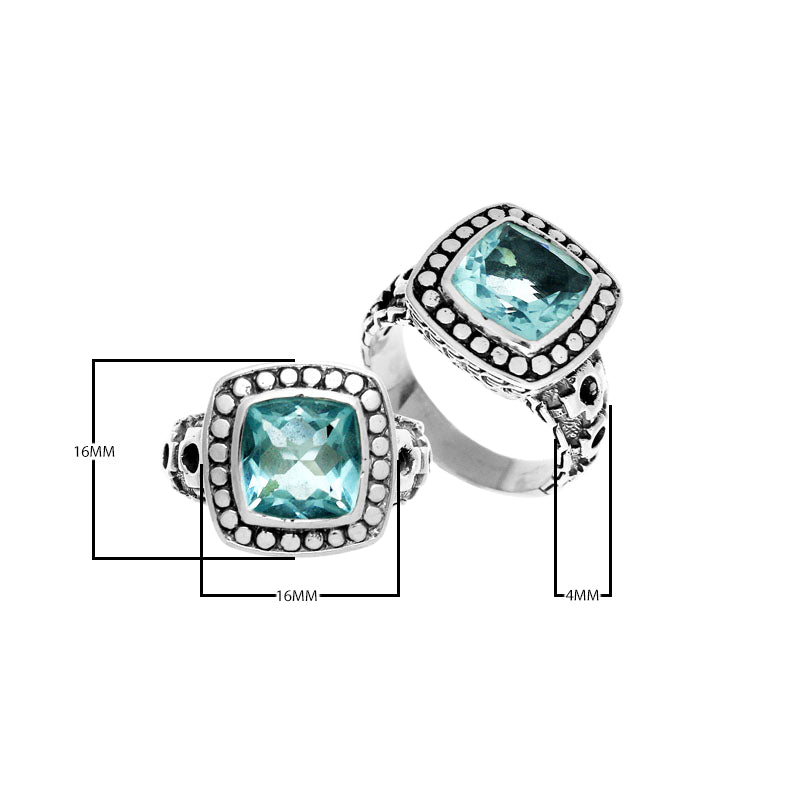 Wholesale sterling silver ring with cushion-cut Blue Topaz Quartz in a dotted bezel, handcrafted in Bali.