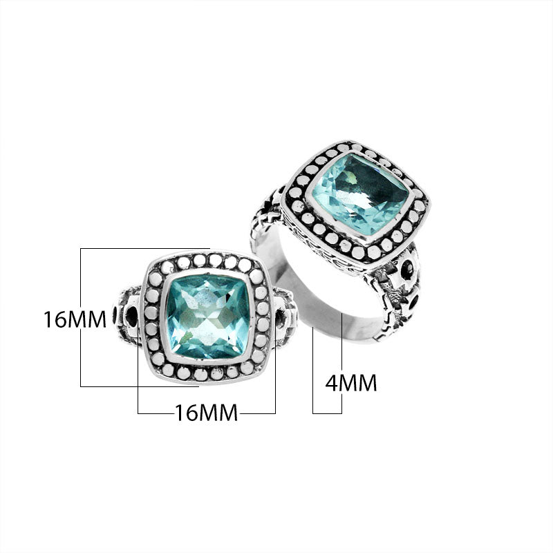 Wholesale sterling silver ring with cushion-cut Blue Topaz Quartz in a dotted bezel, handcrafted in Bali.