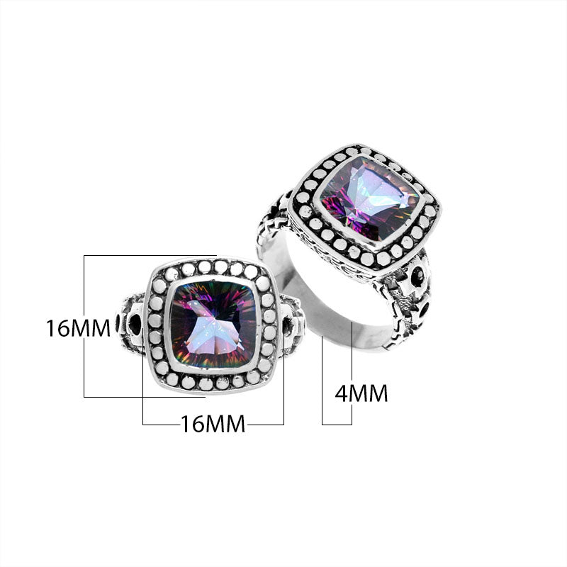 Wholesale sterling silver ring with cushion-cut Mystic Quartz in rainbow hues and dotted bezel design.