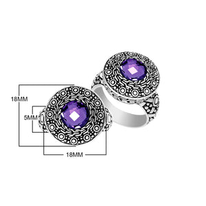 Wholesale sterling silver ring with round Amethyst Quartz and engraved Balinese bezel.