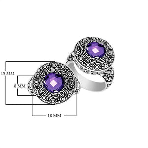 Wholesale sterling silver ring with round Amethyst Quartz and engraved Balinese bezel.
