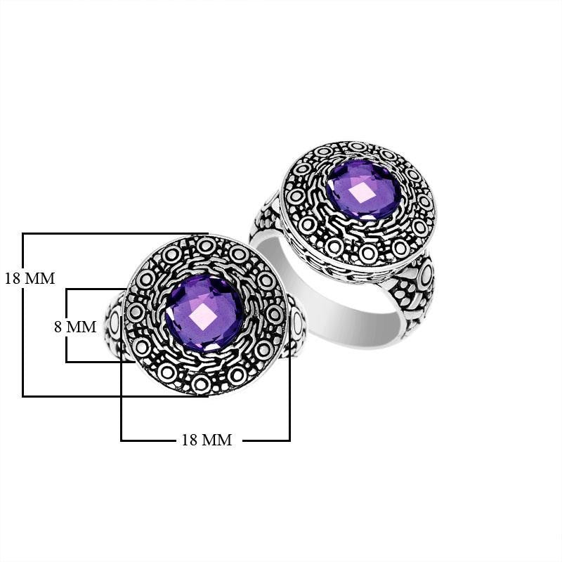 Wholesale sterling silver ring with round Amethyst Quartz and engraved Balinese bezel.