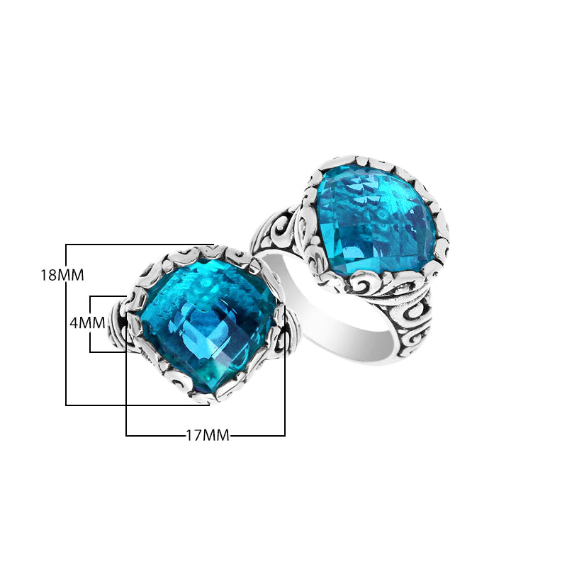Wholesale sterling silver ring with Blue Topaz Quartz double stones and Balinese scroll design