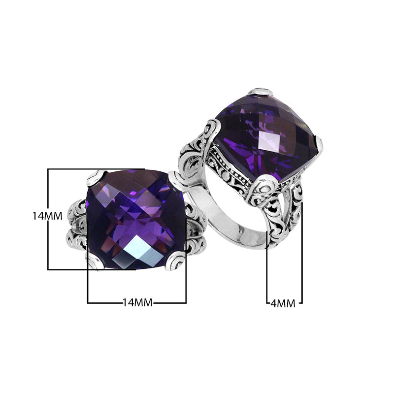 Handcrafted 925 sterling silver ring with cushion-cut Amethyst Quartz, ornate Bali design.
