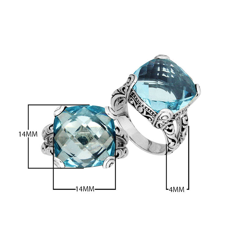 Handcrafted 925 sterling silver ring with cushion-cut Blue Topaz Quartz, ornate Bali design.