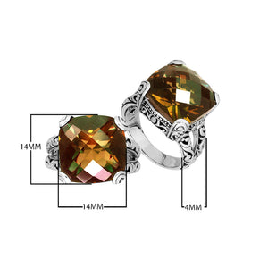 Handcrafted 925 sterling silver ring with cushion-cut Citrine Quartz, ornate Bali design.