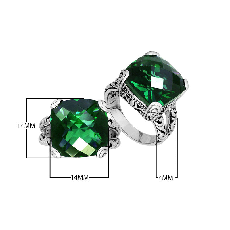 Handcrafted 925 sterling silver ring with cushion-cut green quartz, ornate Bali design.