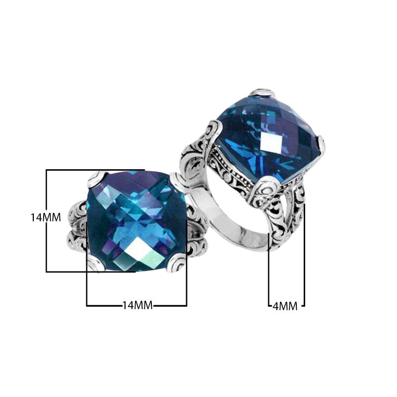 Wholesale 925 Sterling Silver cushion ring with faceted London Blue Topaz Quartz, handcrafted in Bali with oan rnate scroll design