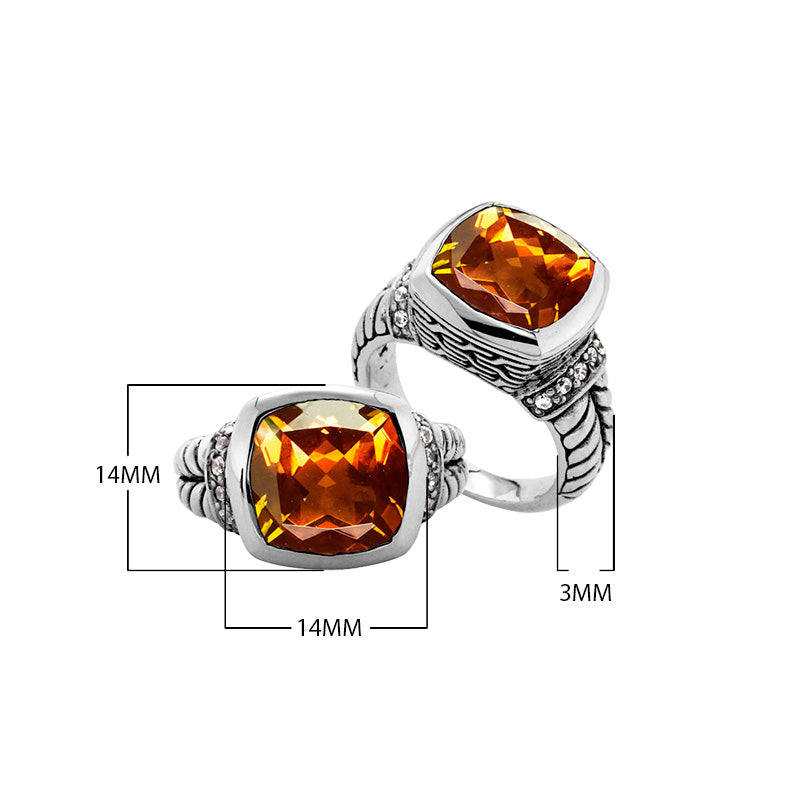Handcrafted Citrine Quartz and Cubic Zirconia sterling silver ring with cushion-cut design from Bali