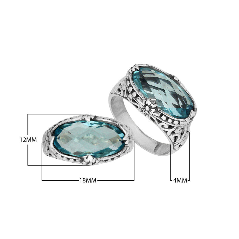 Handcrafted Blue Topaz Quartz oval sterling silver ring with floral detailing from Bali Designs Inc 