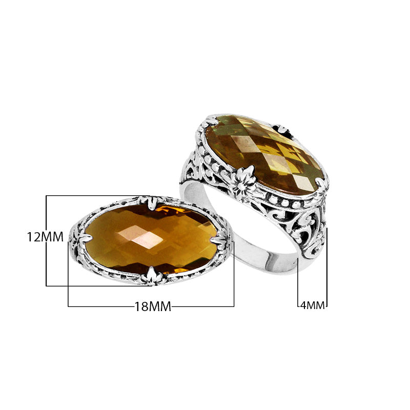 Handcrafted Citrine Quartz oval sterling silver ring with floral detailing from Bali