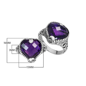 Wholesale 925 Sterling Silver ring with heart-shaped Amethyst Quartz and ornate Balinese design