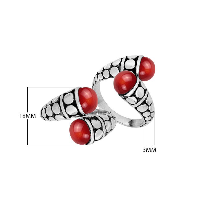 Wholesale Sterling Silver ring with double Red Coral cabochons and dotted Balinese split design