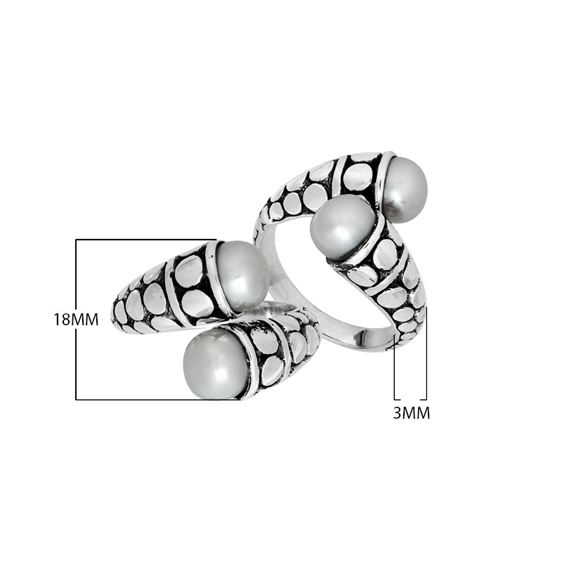 Wholesale Sterling Silver double White Pearl cabochon ring with dotted Balinese split band design