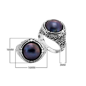 Wholesale Sterling Silver Round Shape Ring With Gray Pearl cabochon ring with woven Balinese band design