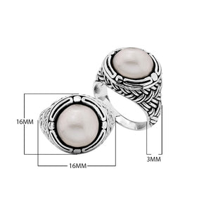 Wholesale Sterling Silver Mabe Pearl cabochon ring with woven Balinese silver band design