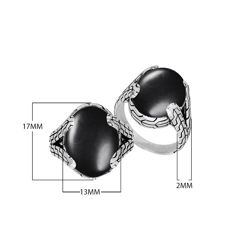 Wholesale Sterling Silver oval Black Onyx cabochon ring with Balinese engraved band design