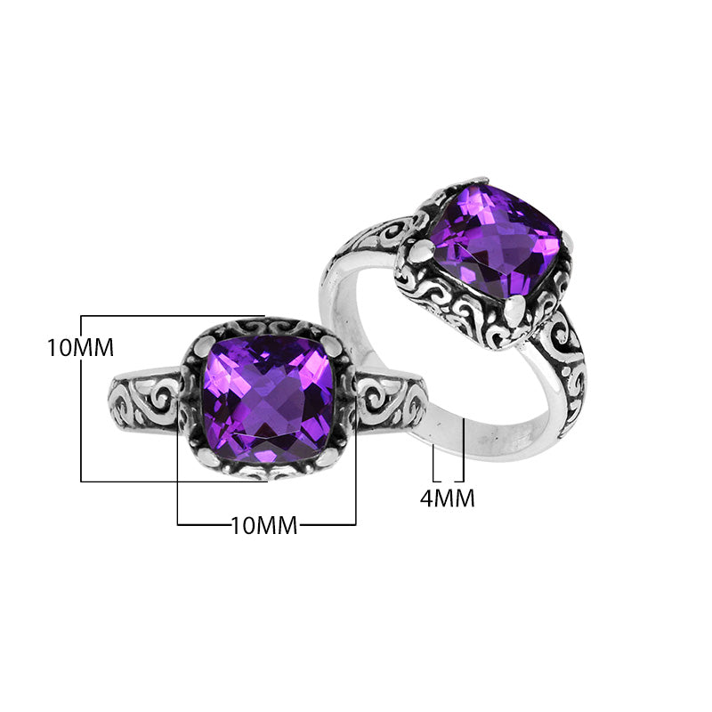 Wholesale Sterling Silver cushion-cut Amethyst Quartz faceted women’s ring with Balinese scroll engraving