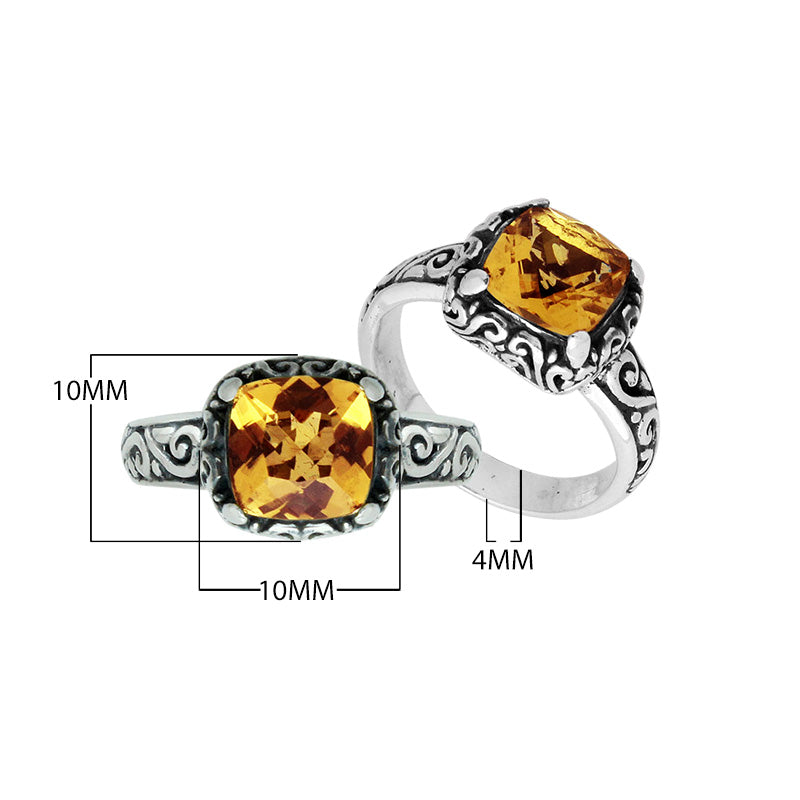 Wholesale Sterling Silver cushion-cut Citrine Quartz faceted women’s ring with Balinese scroll engraving