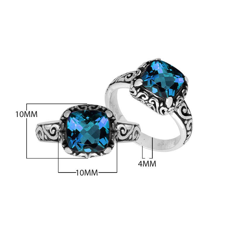 Wholesale Sterling Silver cushion-cut London Blue Topaz Quartz faceted women’s ring with Balinese scroll engraving